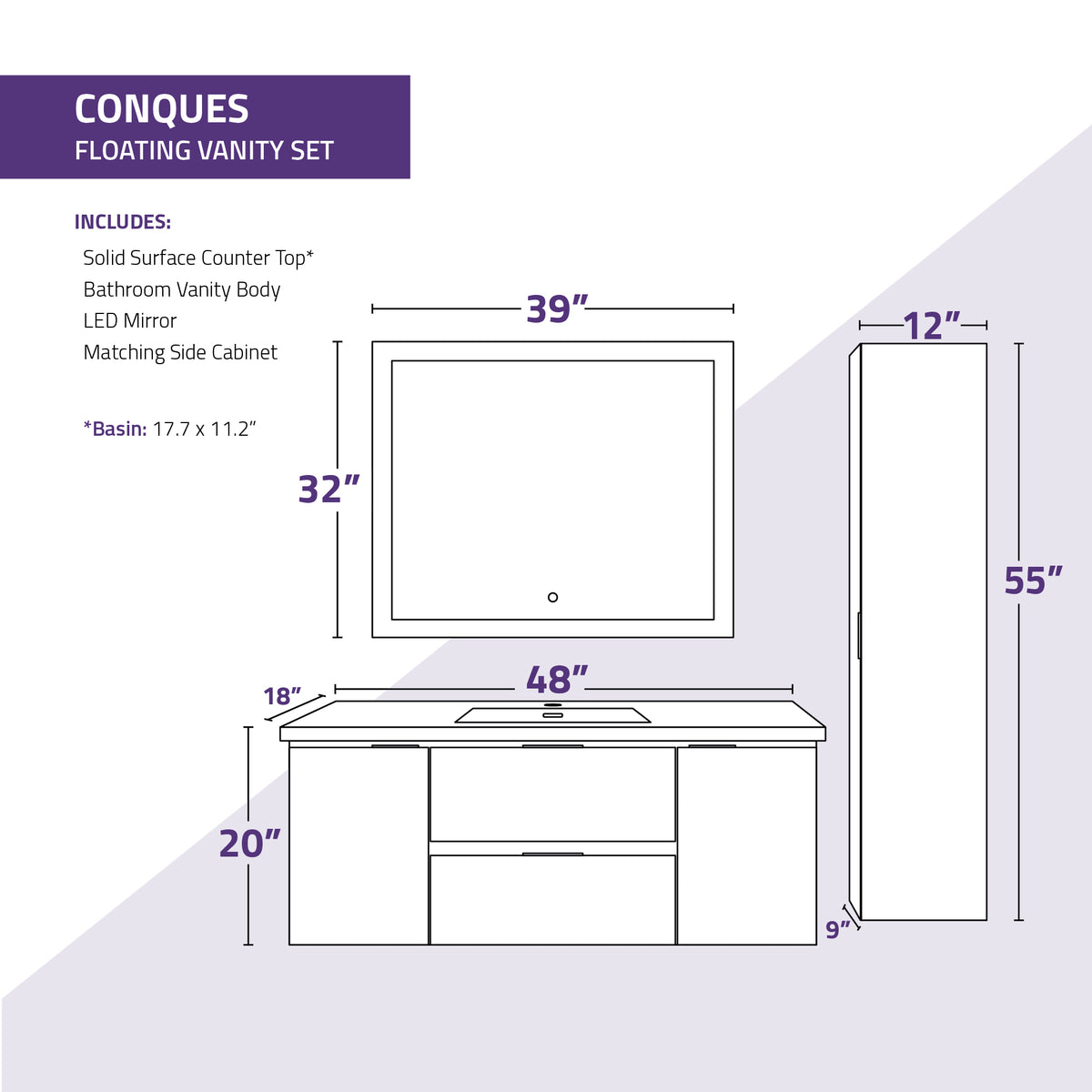 ANZZI Conques 48 in. W x 20 in. H x 18 in. D Bath Vanity Set in Rich White with Vanity Top in White with White Basin and Mirror