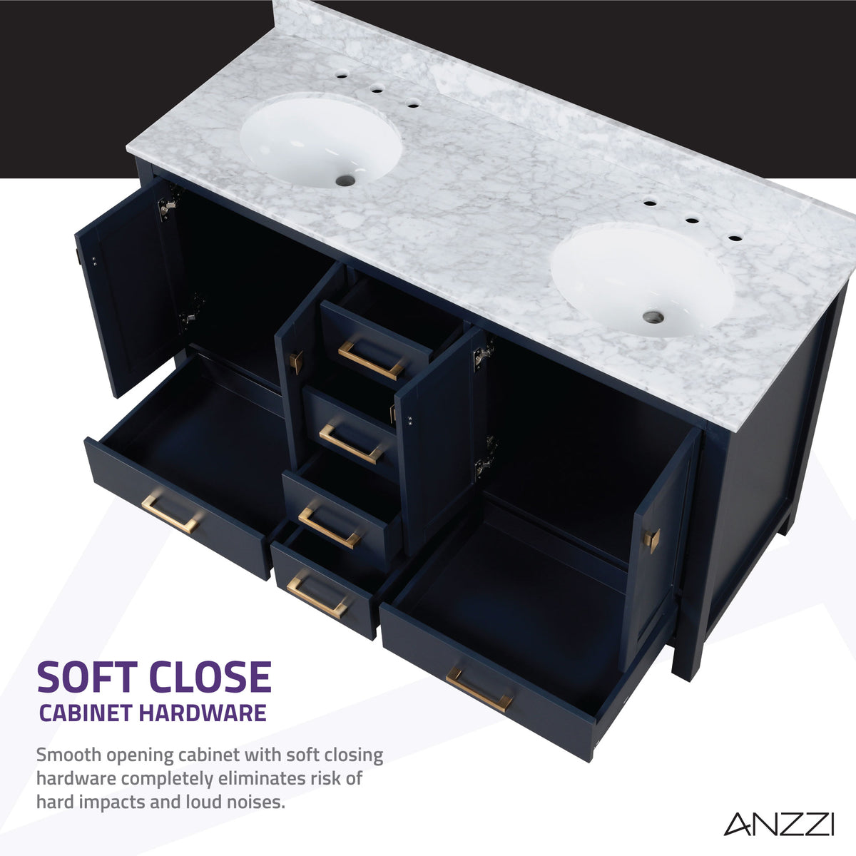 ANZZI Chateau 60 in. W x 22 in. D Bathroom Vanity Set in Navy Blue with Carrara Marble Top with White Sink