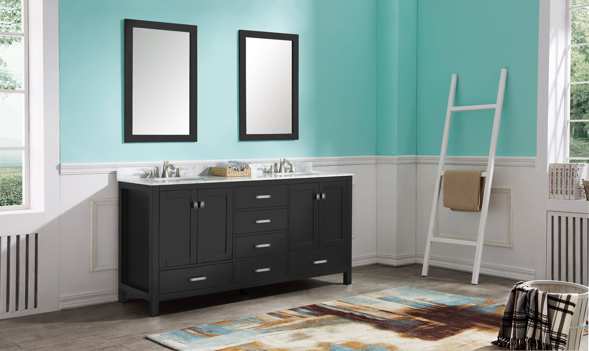 ANZZI Chateau 72 in. W x 22 in. D Bathroom Vanity Set in Black with Carrara Marble Top with White Sink