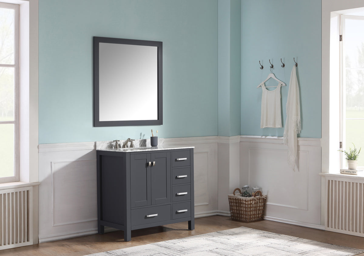 ANZZI Chateau 36 in. W x 22 in. D Bathroom Bath Vanity Set in Gray with Carrara Marble Top with White Sink