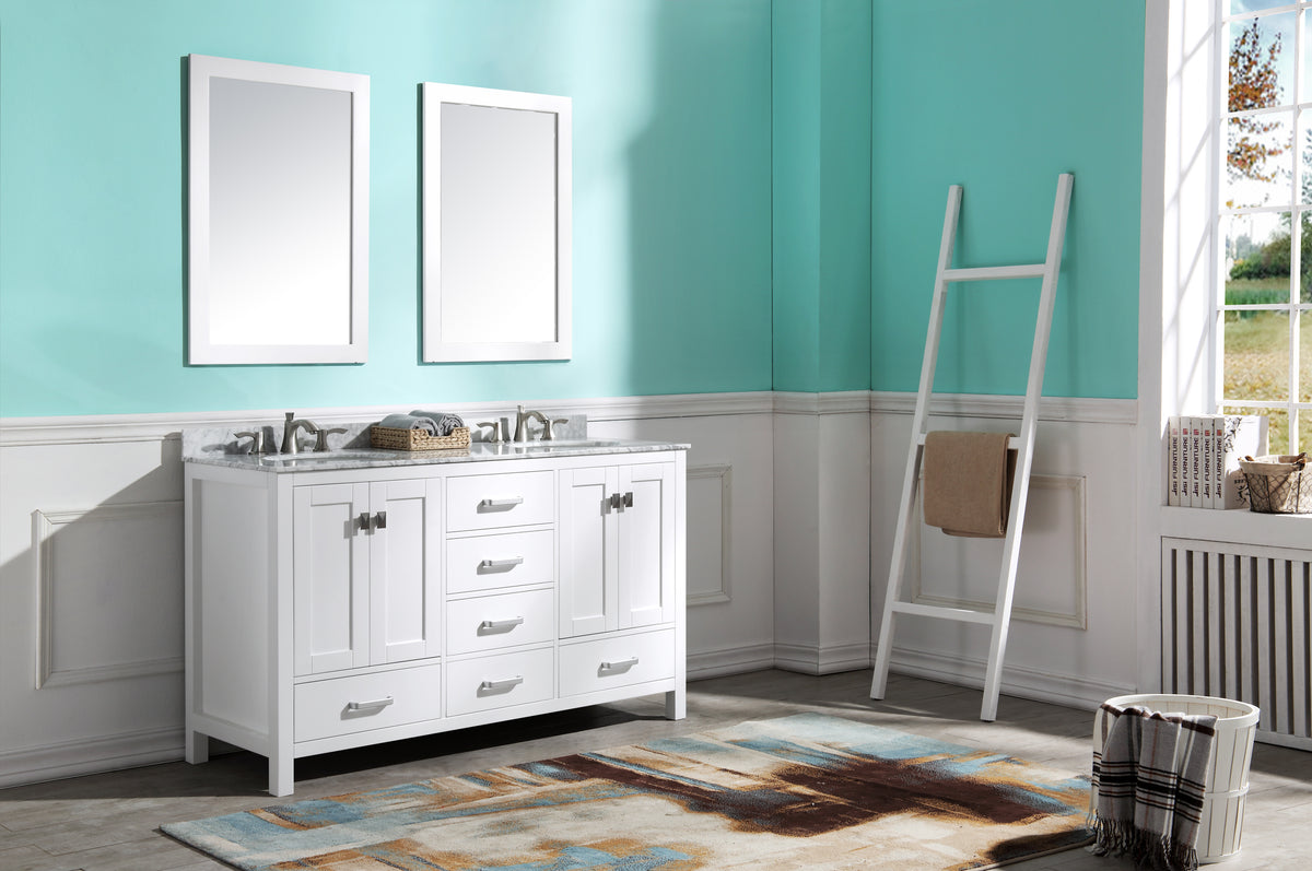 ANZZI Chateau 60 in. W x 22 in. D Bathroom Vanity Set in White with Carrara Marble Top with White Sink