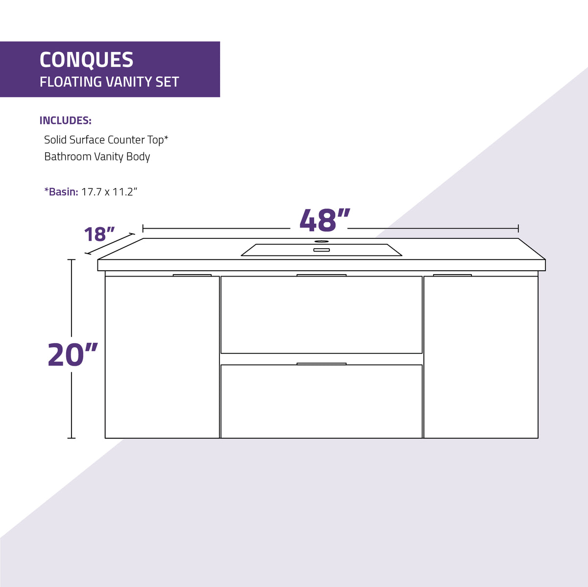 ANZZI Conques 48 in W x 20 in H x 18 in D Bath Vanity in Rich White with Cultured Marble Vanity Top in White with White Basin