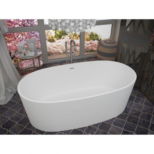 ANZZI BELLENTIN 5.1 Ft. Solid Surface Center Drain Freestanding Bathtub In Matte White