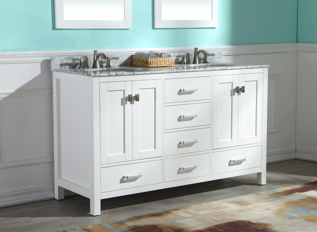 ANZZI Chateau 60 in. W x 22 in. D Bathroom Vanity Set in White with Carrara Marble Top with White Sink