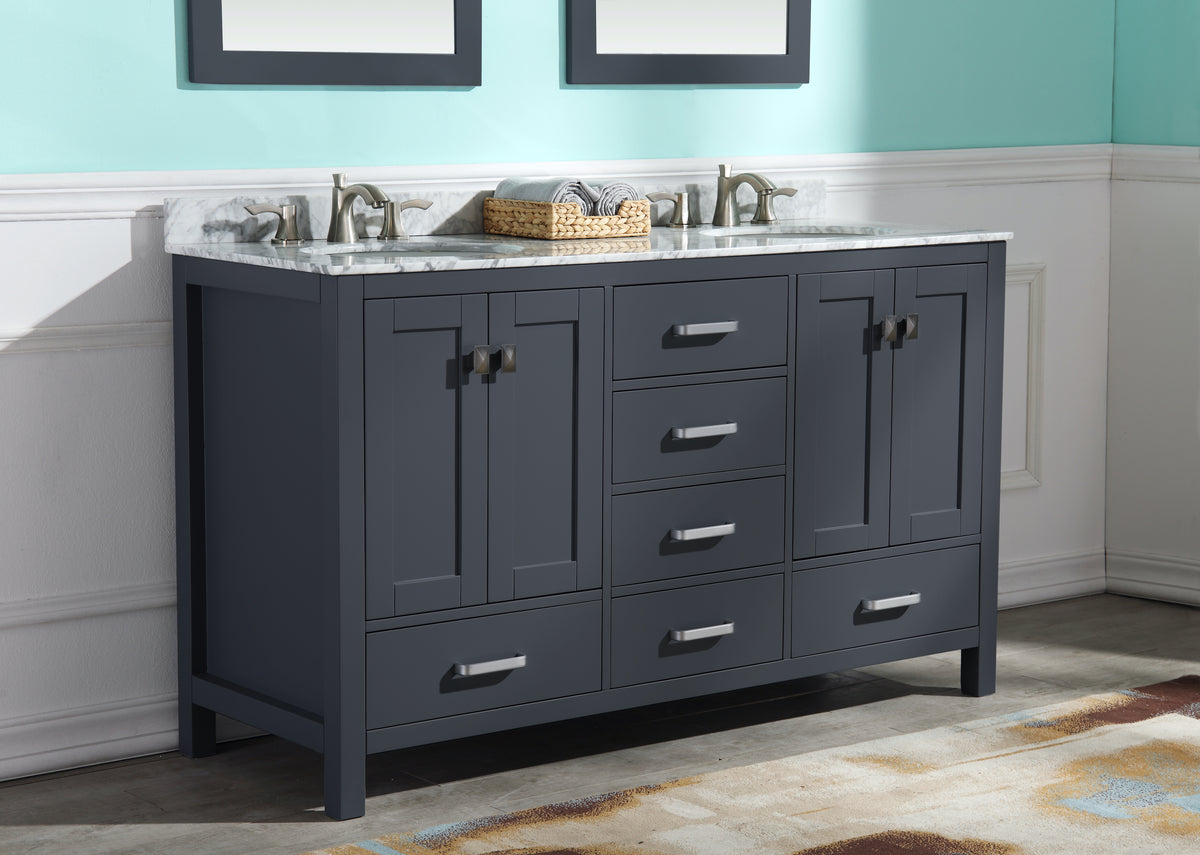 ANZZI Chateau 60 in. W x 22 in. D Bathroom Bath Vanity Set in Gray with Carrara Marble Top with White Sink