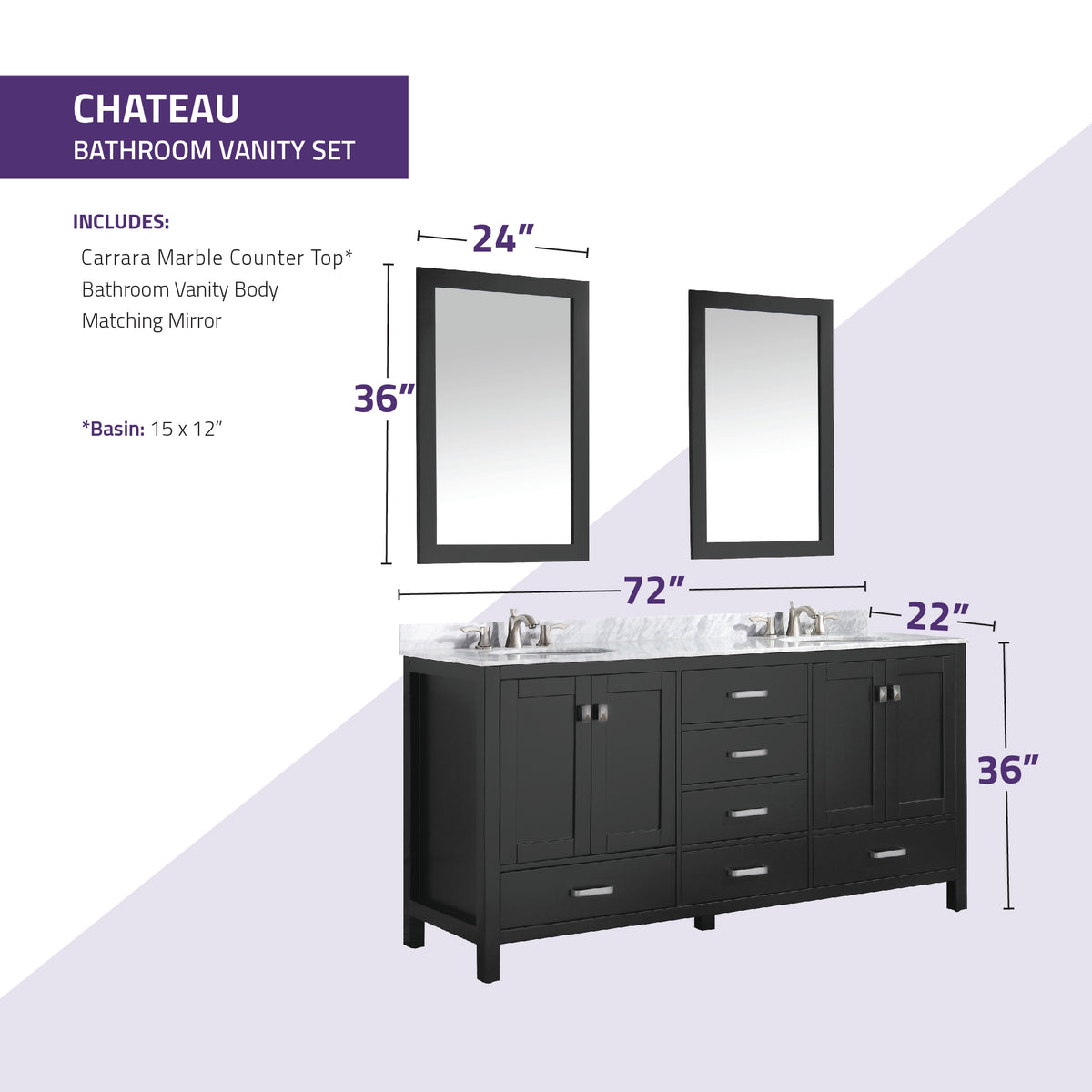 ANZZI Chateau 72 in. W x 22 in. D Bathroom Vanity Set in Black with Carrara Marble Top with White Sink