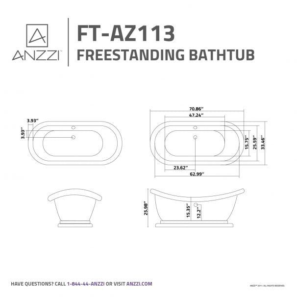 ANZZI RUBY 5.9 Ft. Acrylic Flatbottom Non-Whirlpool Bathtub-White