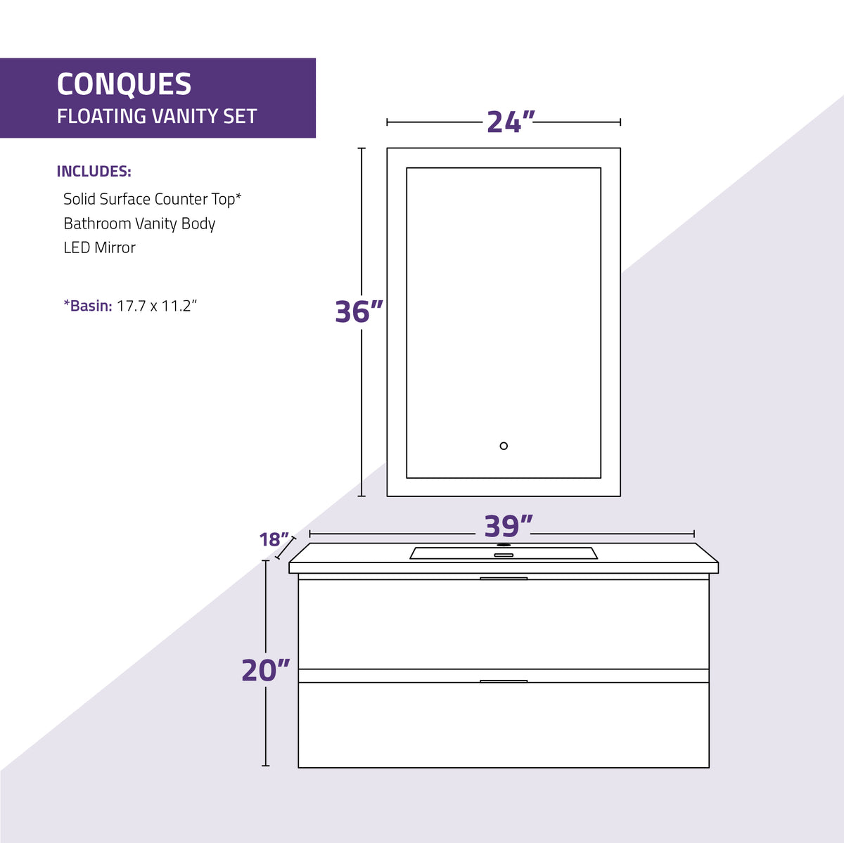 ANZZI Conques 39 in W x 20 in H x 18 in D Bath Vanity in Rich White with Cultured Marble Vanity Top in White with White Basin &amp; Mirror