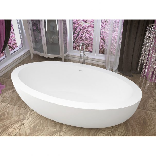 ANZZI KEKEHUN 6.3 Ft. Solid Surface Center Drain Freestanding Bathtub In Matte White