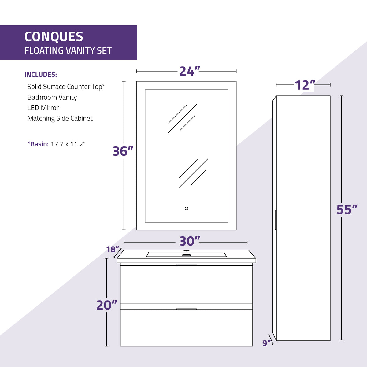 ANZZI Conques 30 in. W x 20 in. H x 18 in. D Bath Vanity Set in Dark Brown with Vanity Top in White with White Basin and Mirror