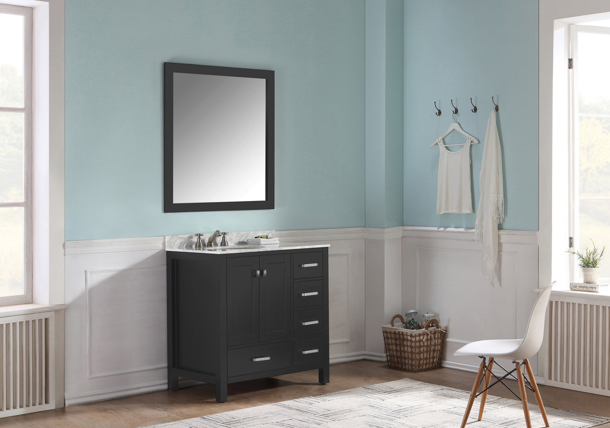 ANZZI Chateau 36 in. W x 22 in. D Bathroom Bath Vanity Set in Black with Carrara Marble Top with White Sink