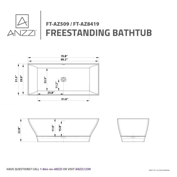 ANZZI KAYENGE 5.9 Ft. Solid Surface Center Drain Freestanding Bathtub In Matte White