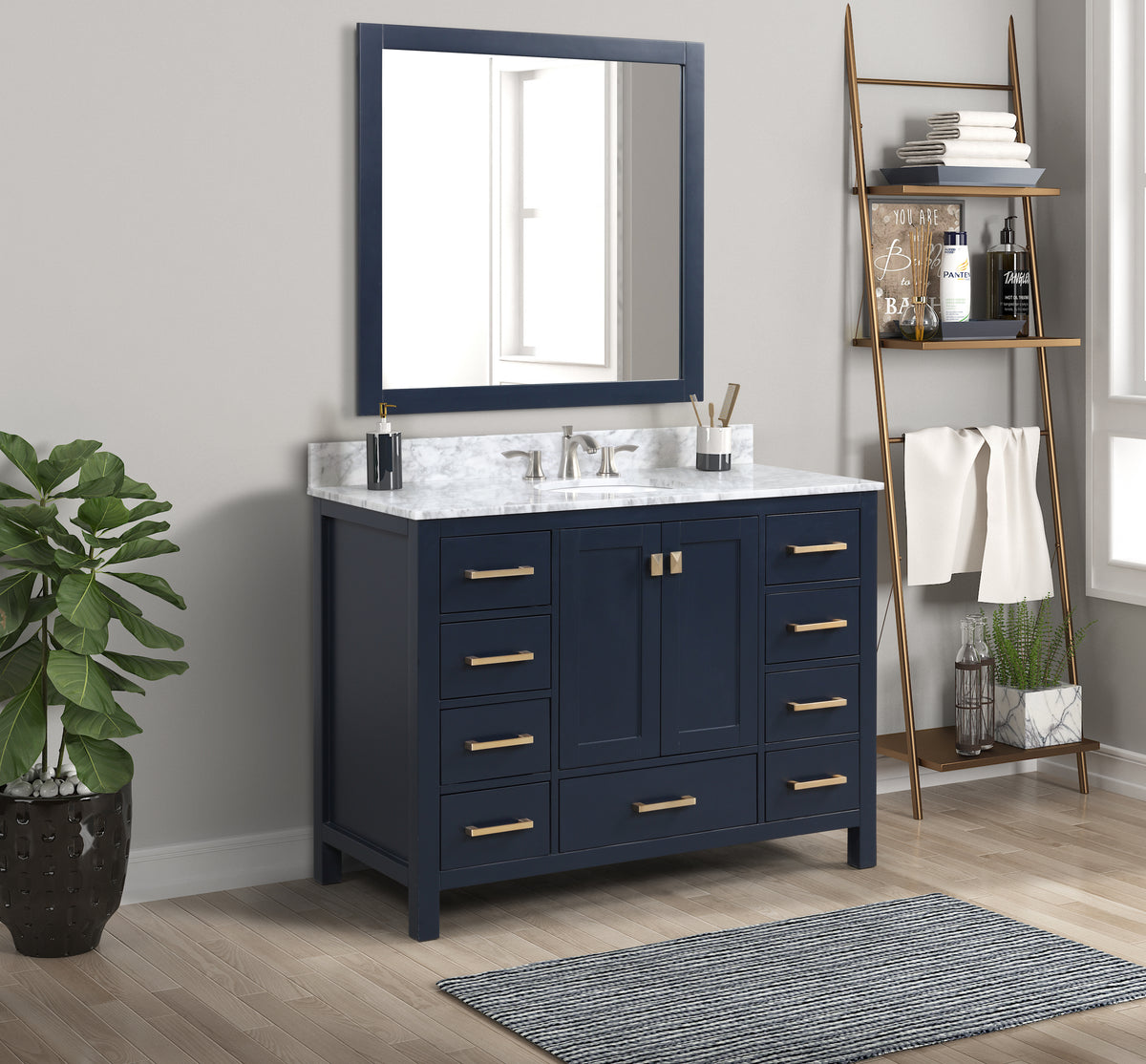 ANZZI Chateau 48 in. W x 22 in. D Bathroom Bath Vanity Set in Navy Blue with Carrara Marble Top with White Sink