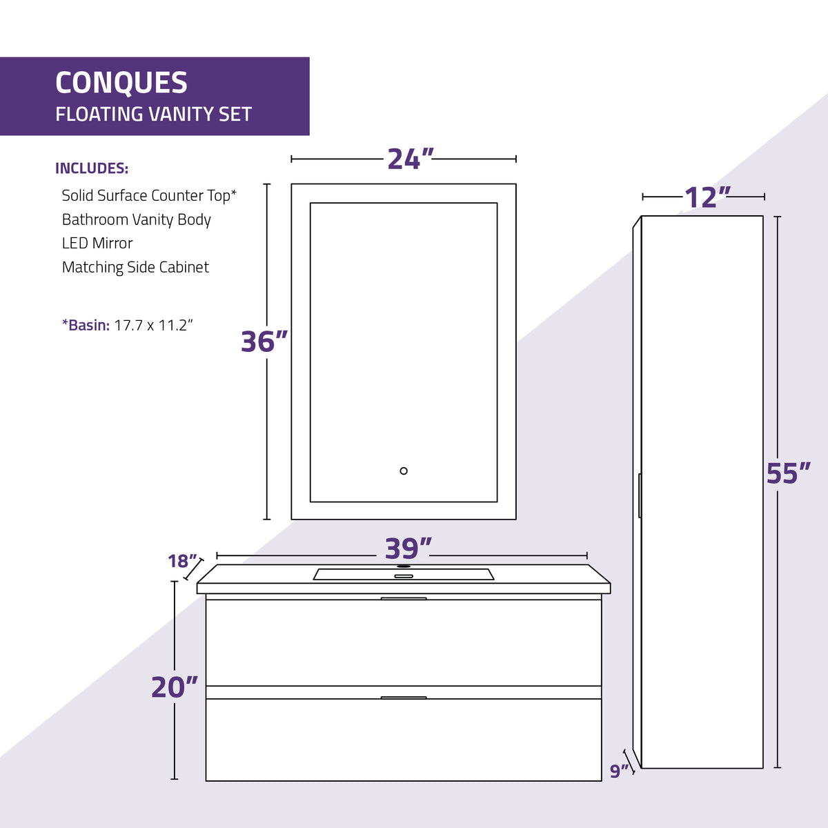 ANZZI Conques 39 in. W x 20 in. H x 18 in. D Bath Vanity Set in Dark Brown with Vanity Top in White with White Basin and Mirror