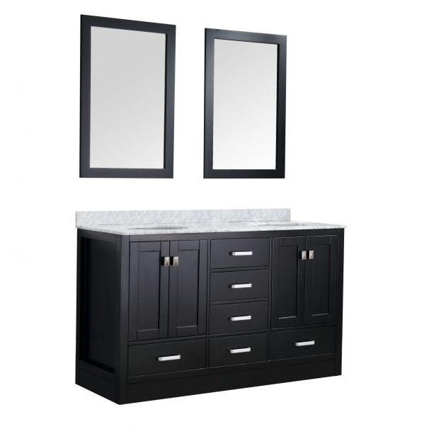 ANZZI CHATEAU 60 IN. W X 36 IN. H Bath Vanity In Rich Black With Carrara White Marble Vanity Top In Carrara White With White Basins And Mirrors