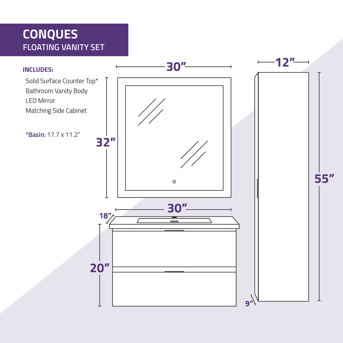 ANZZI Conques 30 in. W x 20 in. H x 18 in. D Bath Vanity Set in Dark Brown with Vanity Top in White with White Basin and Mirror