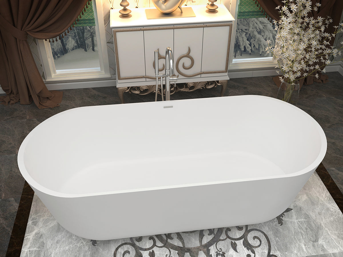 ANZZI BADI 5.9 ft Solid Surface Center Drain Freestanding Bathtub In Matte White