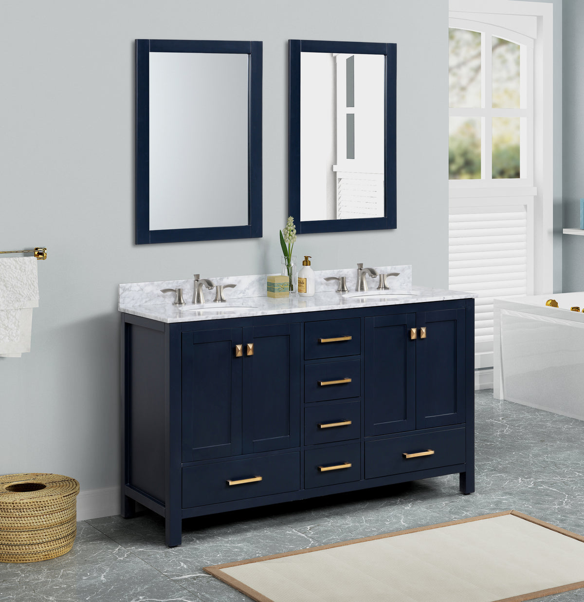 ANZZI Chateau 60 in. W x 22 in. D Bathroom Vanity Set in Navy Blue with Carrara Marble Top with White Sink