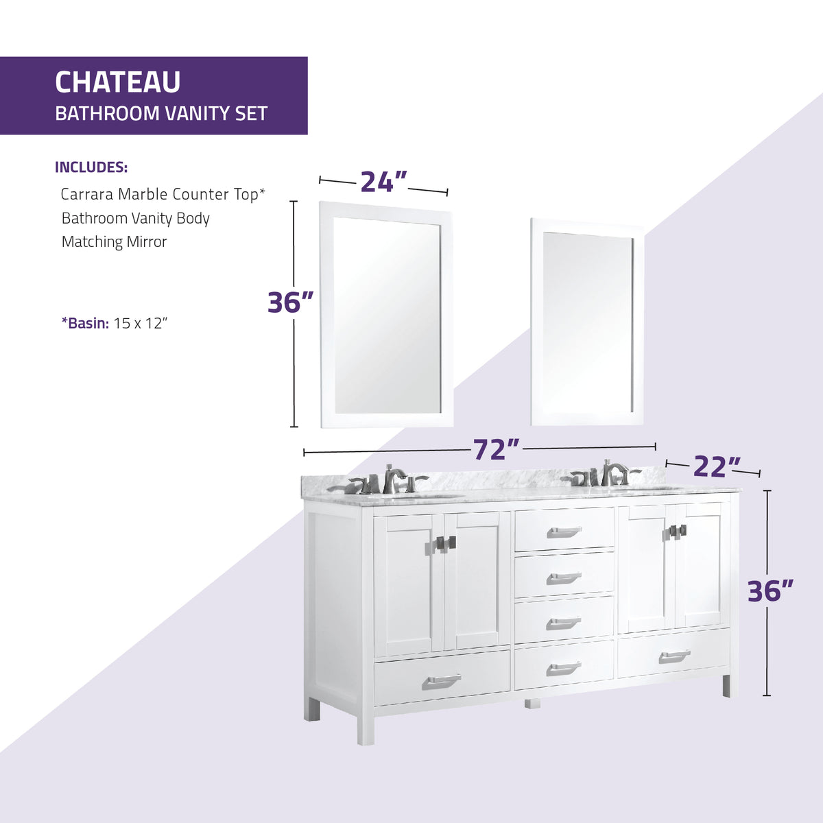 ANZZI Chateau 72 in. W x 22 in. D Bathroom Bath Vanity Set in White with Carrara Marble Top with White Sink