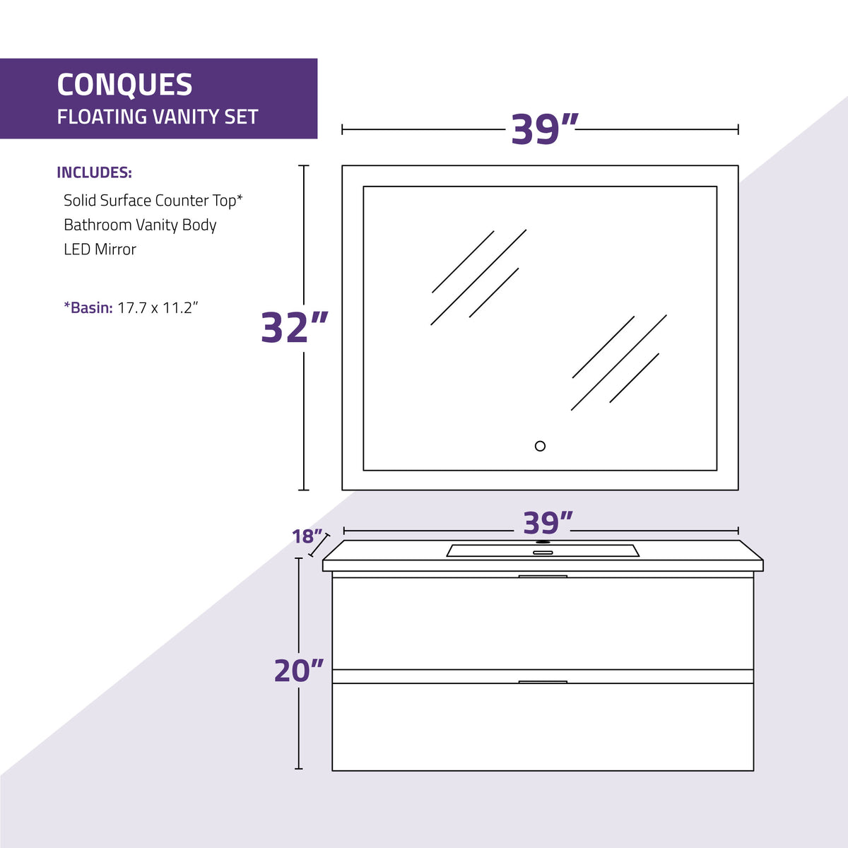 ANZZI Conques 39 in W x 20 in H x 18 in D Bath Vanity in Rich White with Cultured Marble Vanity Top in White with White Basin &amp; Mirror