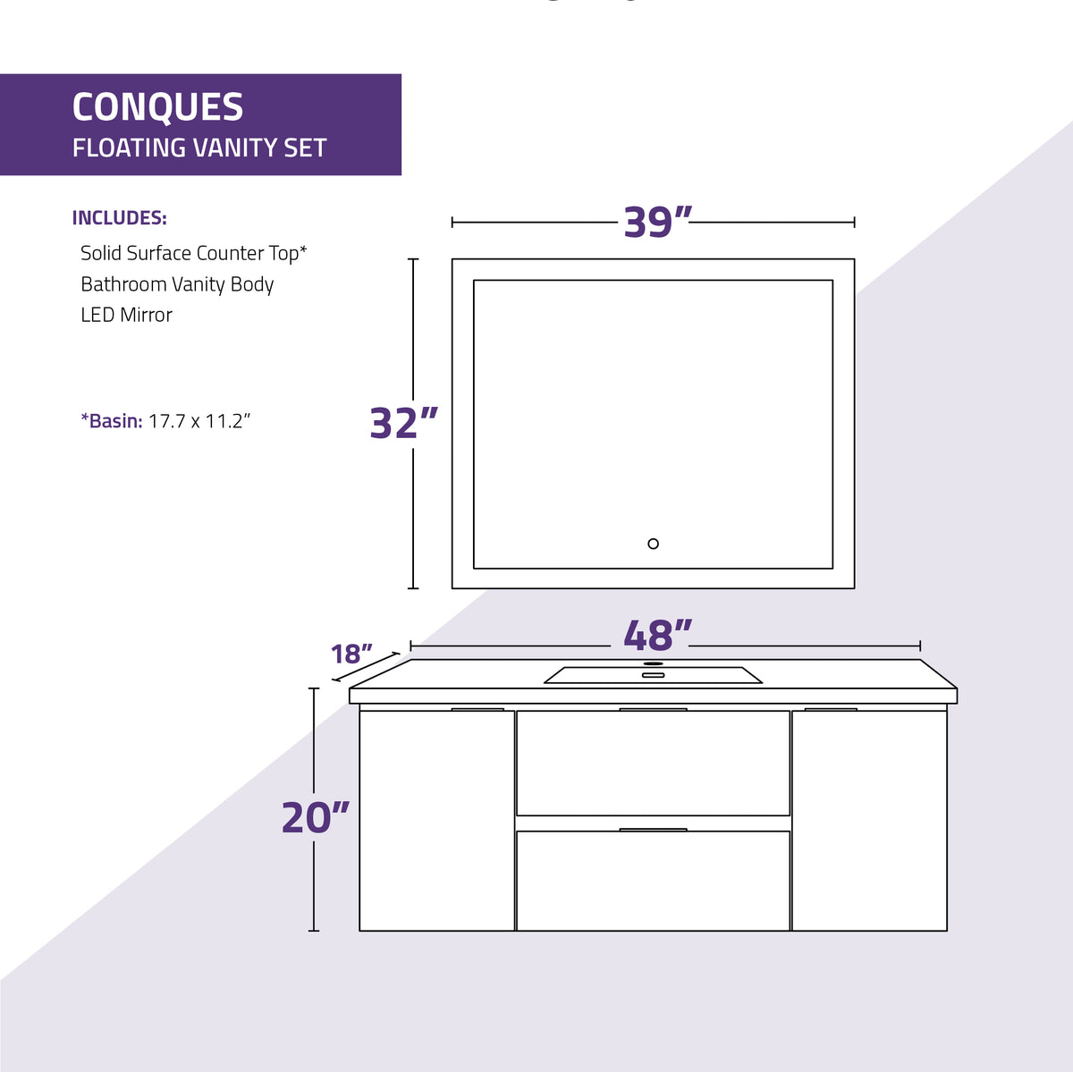 ANZZI Conques 48 in W x 20 in H x 18 in D Bath Vanity in Rich Grey with Cultured Marble Vanity Top in White with White Basin &amp; Mirror