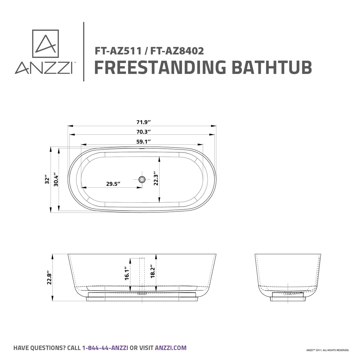 ANZZI BADI 5.9 ft Solid Surface Center Drain Freestanding Bathtub In Matte White