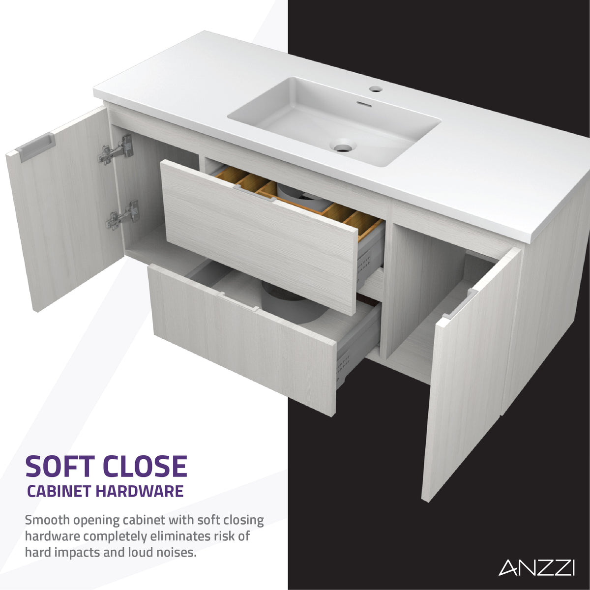 ANZZI Conques 48 in W x 20 in H x 18 in D Bath Vanity in Rich White with Cultured Marble Vanity Top in White with White Basin