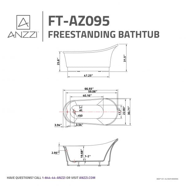 ANZZI PRIMA 67 IN. Acrylic Flatbottom Non-Whirlpool Bathtub In White