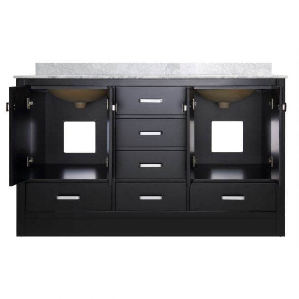 ANZZI CHATEAU 60 IN. W X 36 IN. H Bath Vanity In Rich Black With Carrara White Marble Vanity Top In Carrara White With White Basins And Mirrors