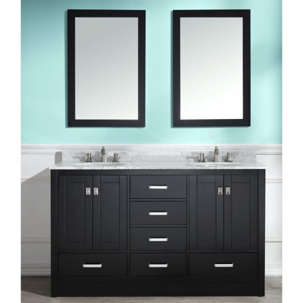 ANZZI CHATEAU 60 IN. W X 36 IN. H Bath Vanity In Rich Black With Carrara White Marble Vanity Top In Carrara White With White Basins And Mirrors