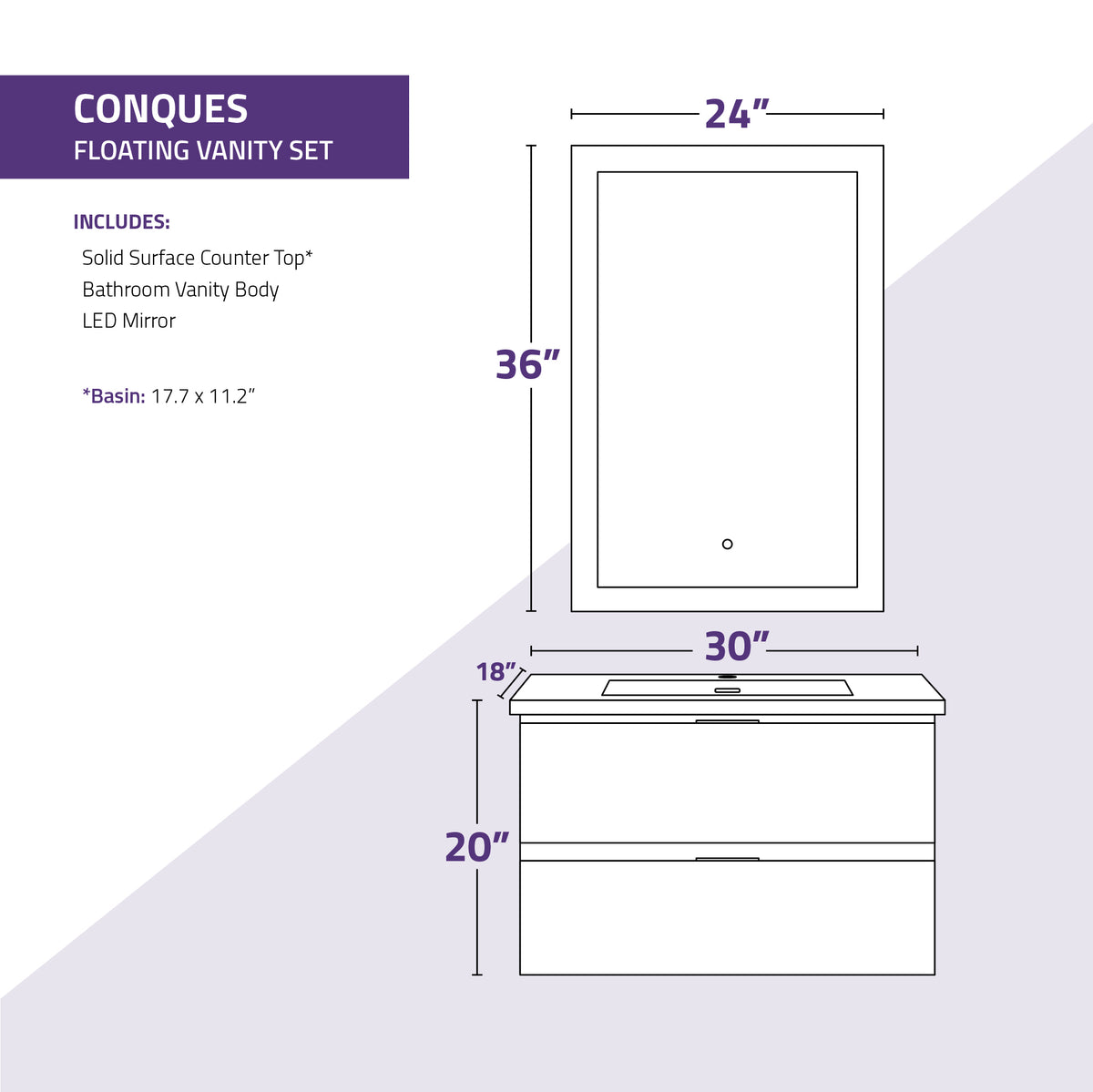 ANZZI Conques 30 in W x 20 in H x 18 in D Bath Vanity in Rich White with Cultured Marble Vanity Top in White with White Basin &amp; Mirror