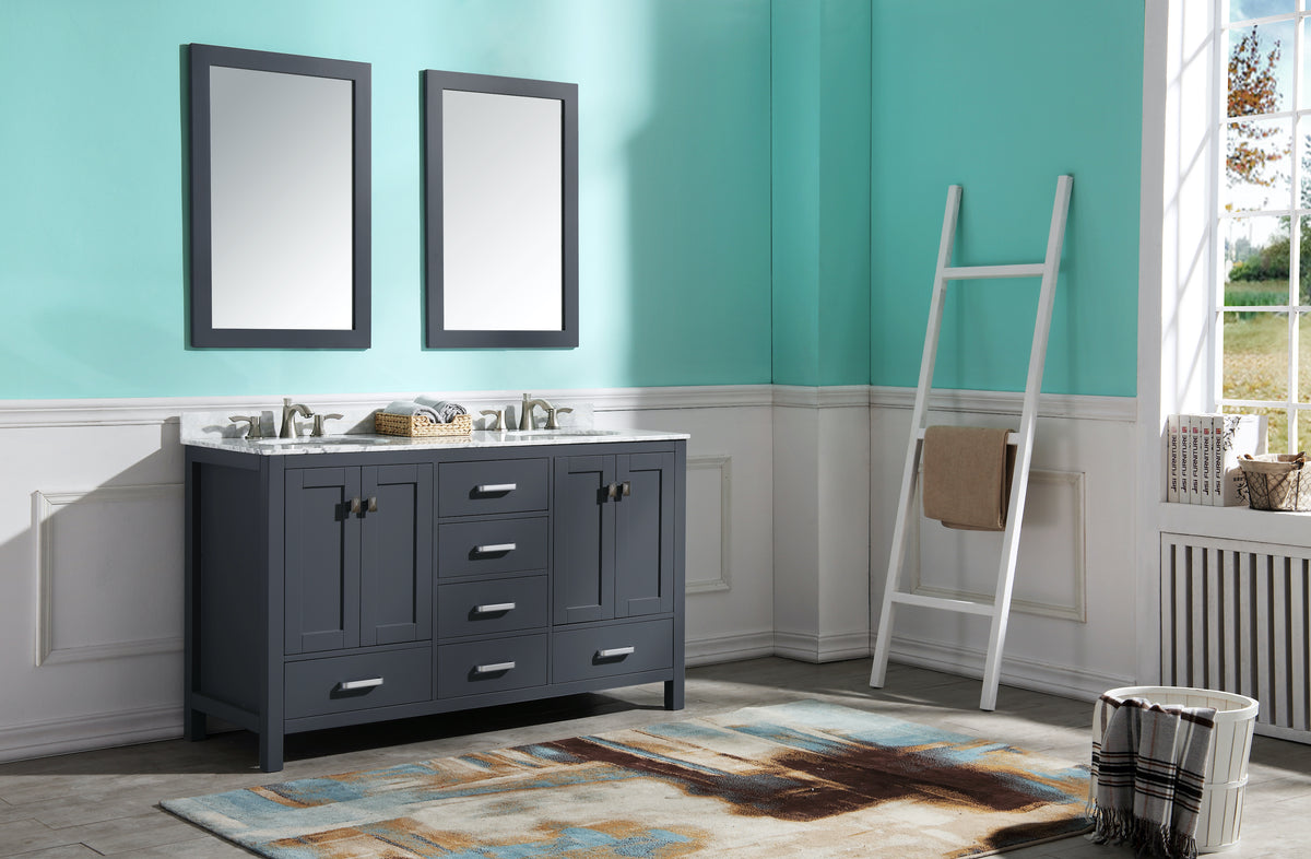 ANZZI Chateau 60 in. W x 22 in. D Bathroom Bath Vanity Set in Gray with Carrara Marble Top with White Sink