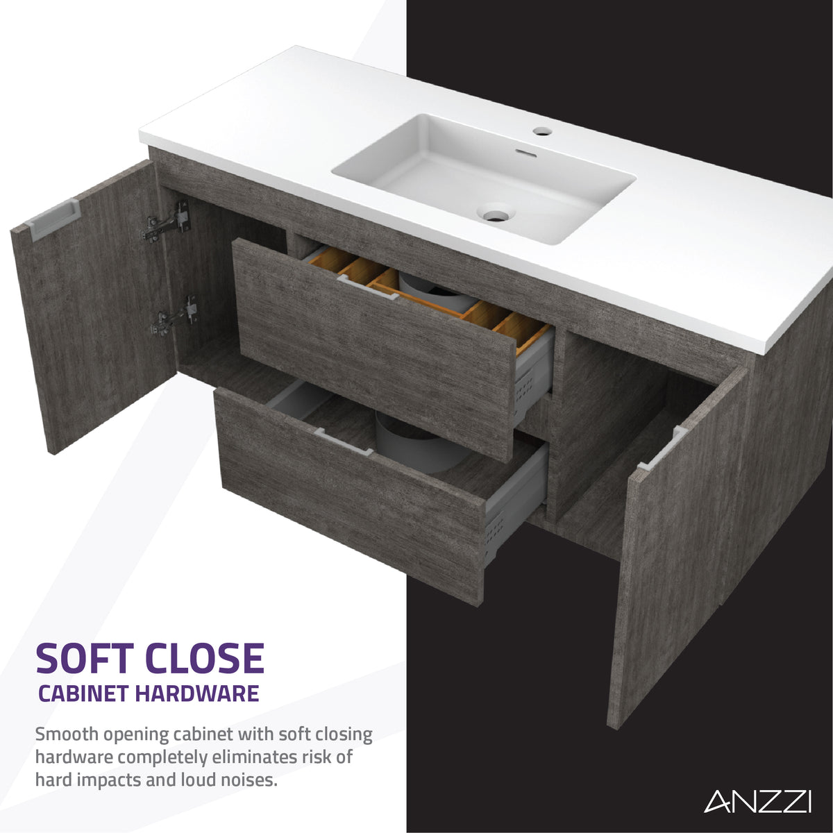 ANZZI Conques 48 in W x 20 in H x 18 in D Bath Vanity in Rich Grey with Cultured Marble Vanity Top in White with White Basin &amp; Mirror