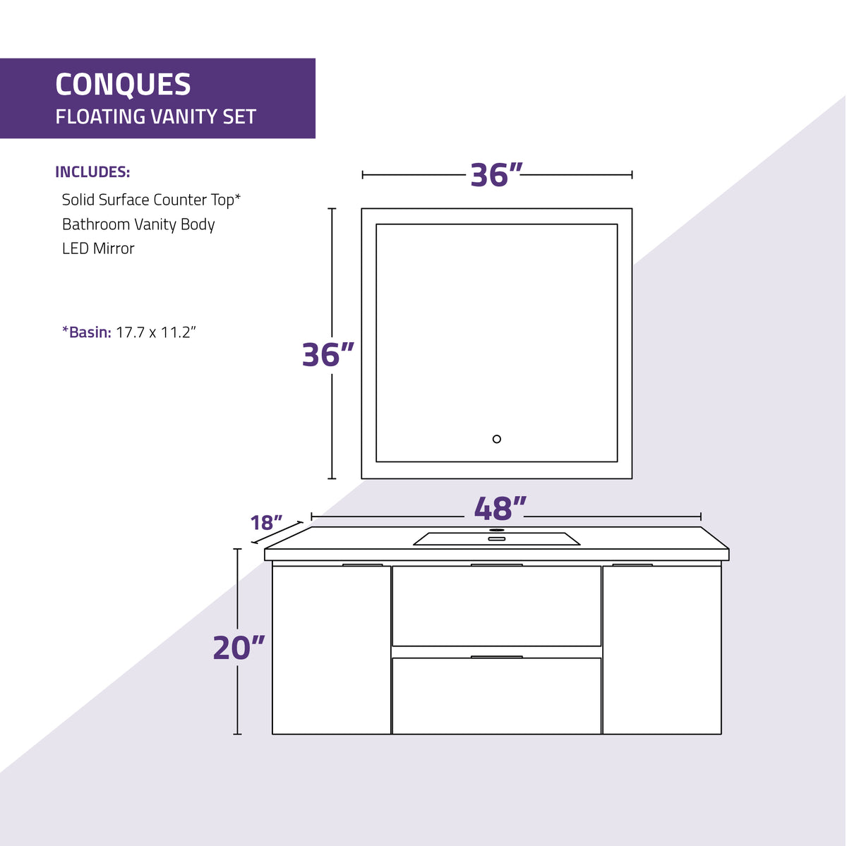 ANZZI Conques 48 in W x 20 in H x 18 in D Bath Vanity in Dark Brown with Cultured Marble Vanity Top in White with White Basin &amp; Mirror