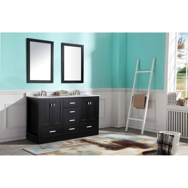 ANZZI CHATEAU 60 IN. W X 36 IN. H Bath Vanity In Rich Black With Carrara White Marble Vanity Top In Carrara White With White Basins And Mirrors