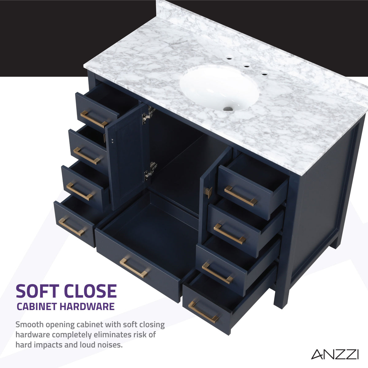 ANZZI Chateau 48 in. W x 22 in. D Bathroom Bath Vanity Set in Navy Blue with Carrara Marble Top with White Sink