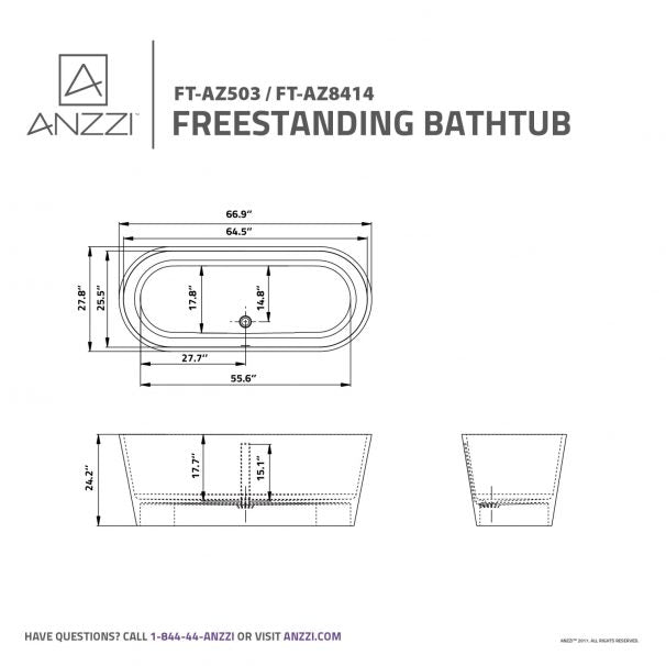 ANZZI KOSIMA 5.6 Ft. Solid Surface Center Drain Freestanding Bathtub In Matte White