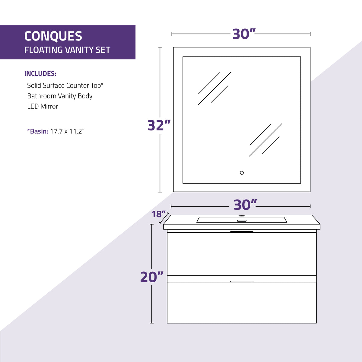 ANZZI Conques 30 in W x 20 in H x 18 in D Bath Vanity in Rich Grey with Cultured Marble Vanity Top in White with White Basin &amp; Mirror