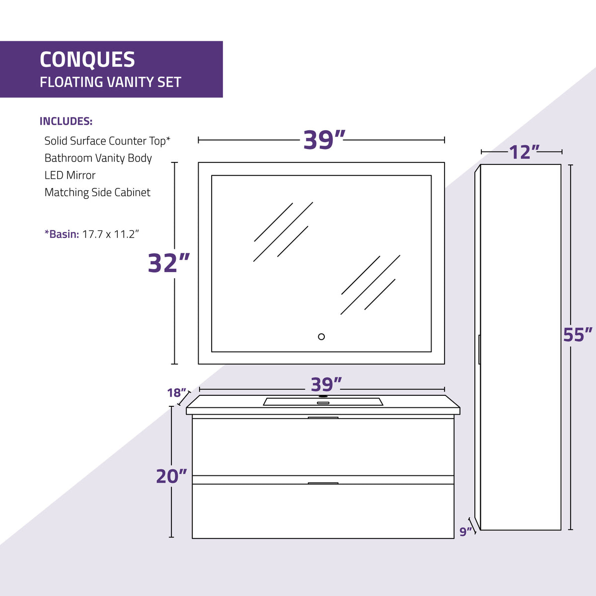 ANZZI Conques 39 in. W x 20 in. H x 18 in. D Bath Vanity Set in Dark Brown with Vanity Top in White with White Basin and Mirror