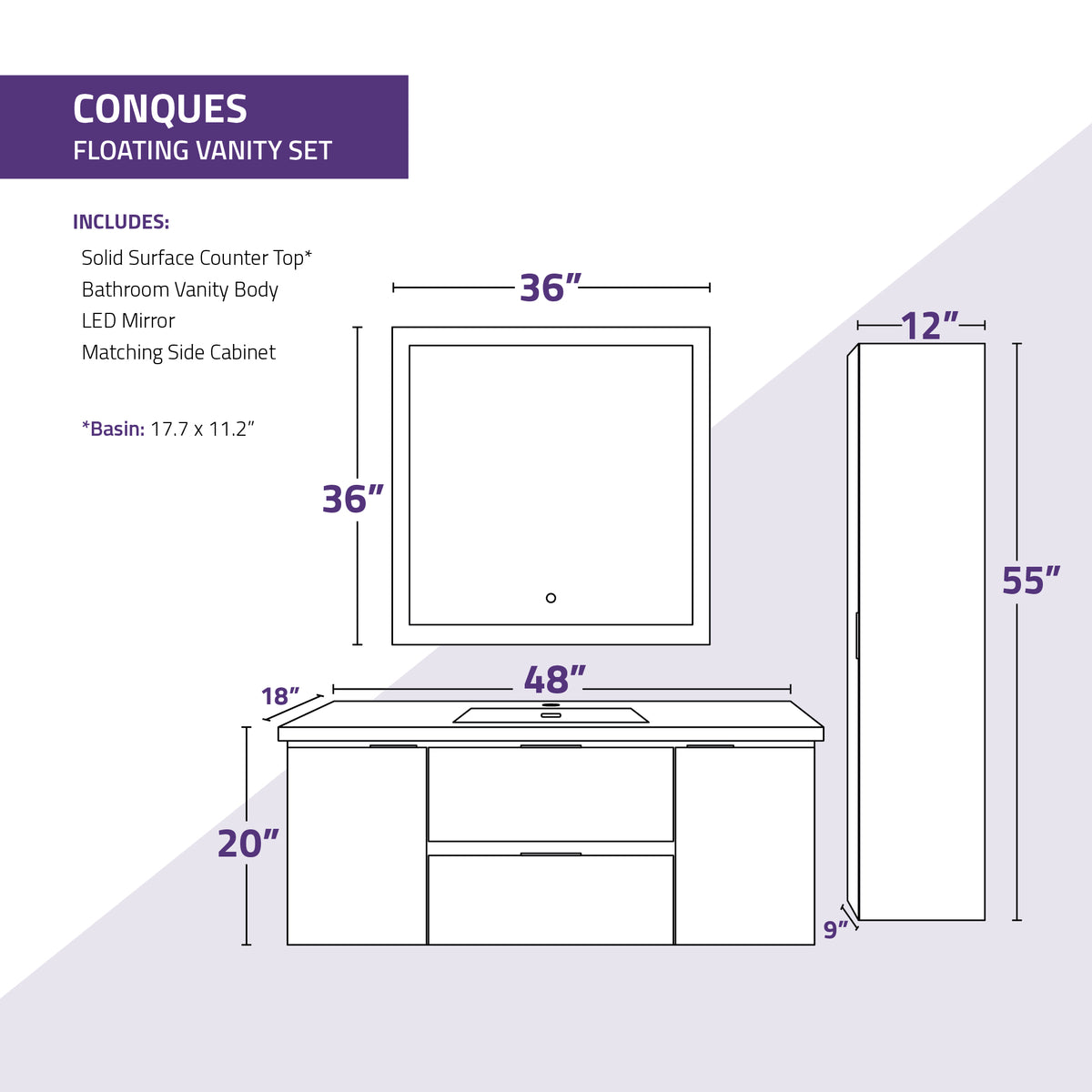 ANZZI Conques 48 in. W x 20 in. H x 18 in. D Bath Vanity Set in Rich White with Vanity Top in White with White Basin and Mirror